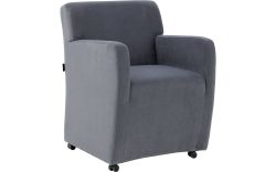 Goossens Eetkamerstoel Montana blauw velvet stof met armleuning en met wielen, stijlvol landelijk