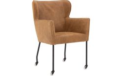 Goossens Excellent Eetkamerstoel Leogang donkerbruin leer met armleuning en met wielen, elegant chic