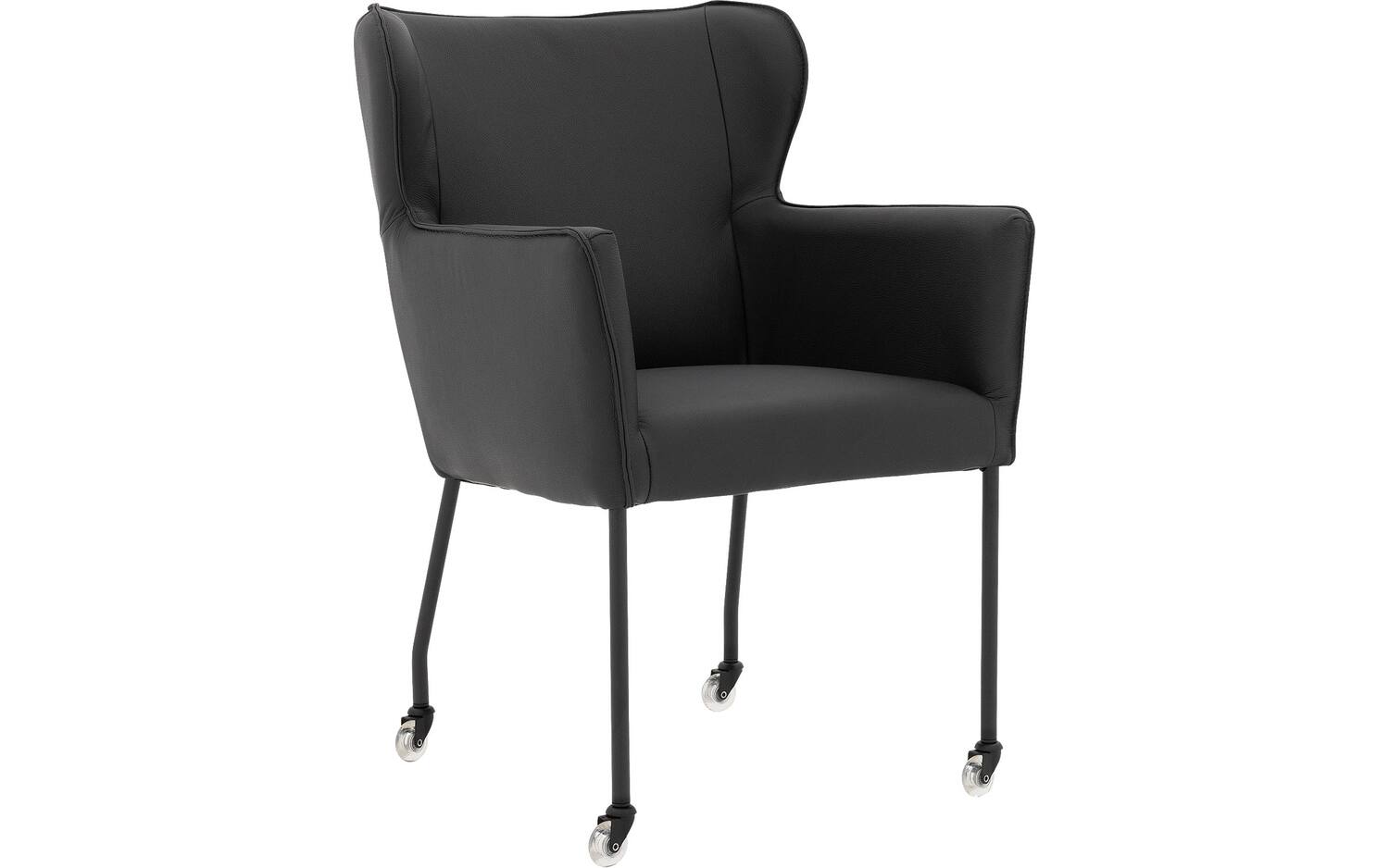 Goossens Excellent Eetkamerstoel Leogang zwart leer met armleuning en met wielen, elegant chic