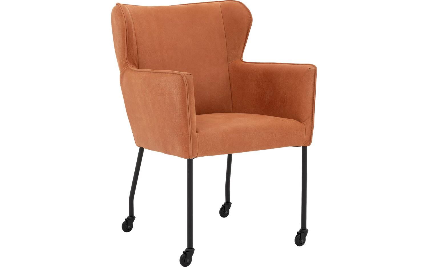 Goossens Excellent Eetkamerstoel Leogang bruin leer met armleuning en met wielenZwart skater wiel met zwarte kap, elegant chic