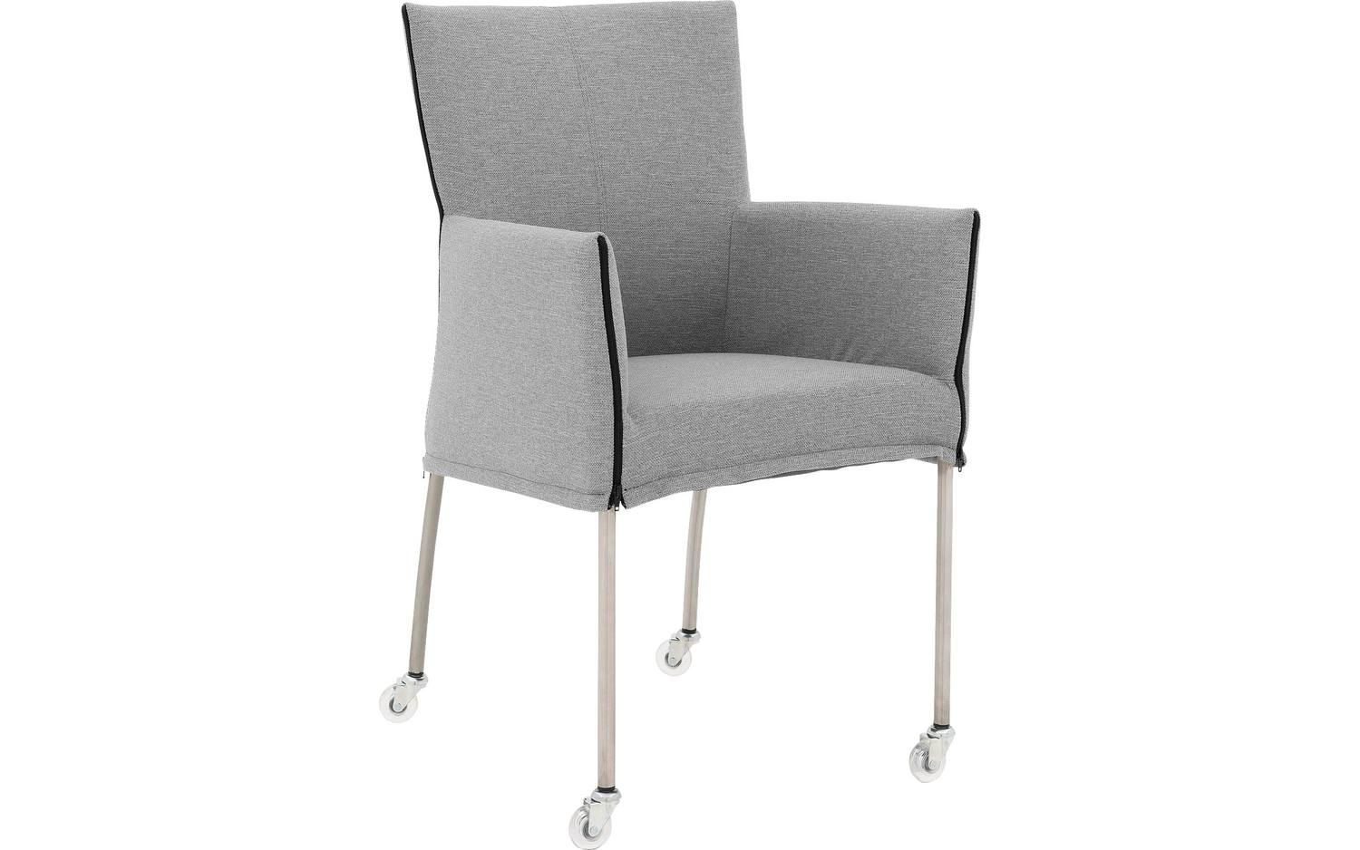 Goossens Eetkamerstoel Funk RVS Poten grijs stof met armleuning en met wielenTransparant skater wiel met rvs kap, modern design