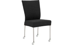 Goossens Eetkamerstoel Funk RVS Poten antraciet stof leuning en met wielenTransparant skater wiel met rvs kap, modern design