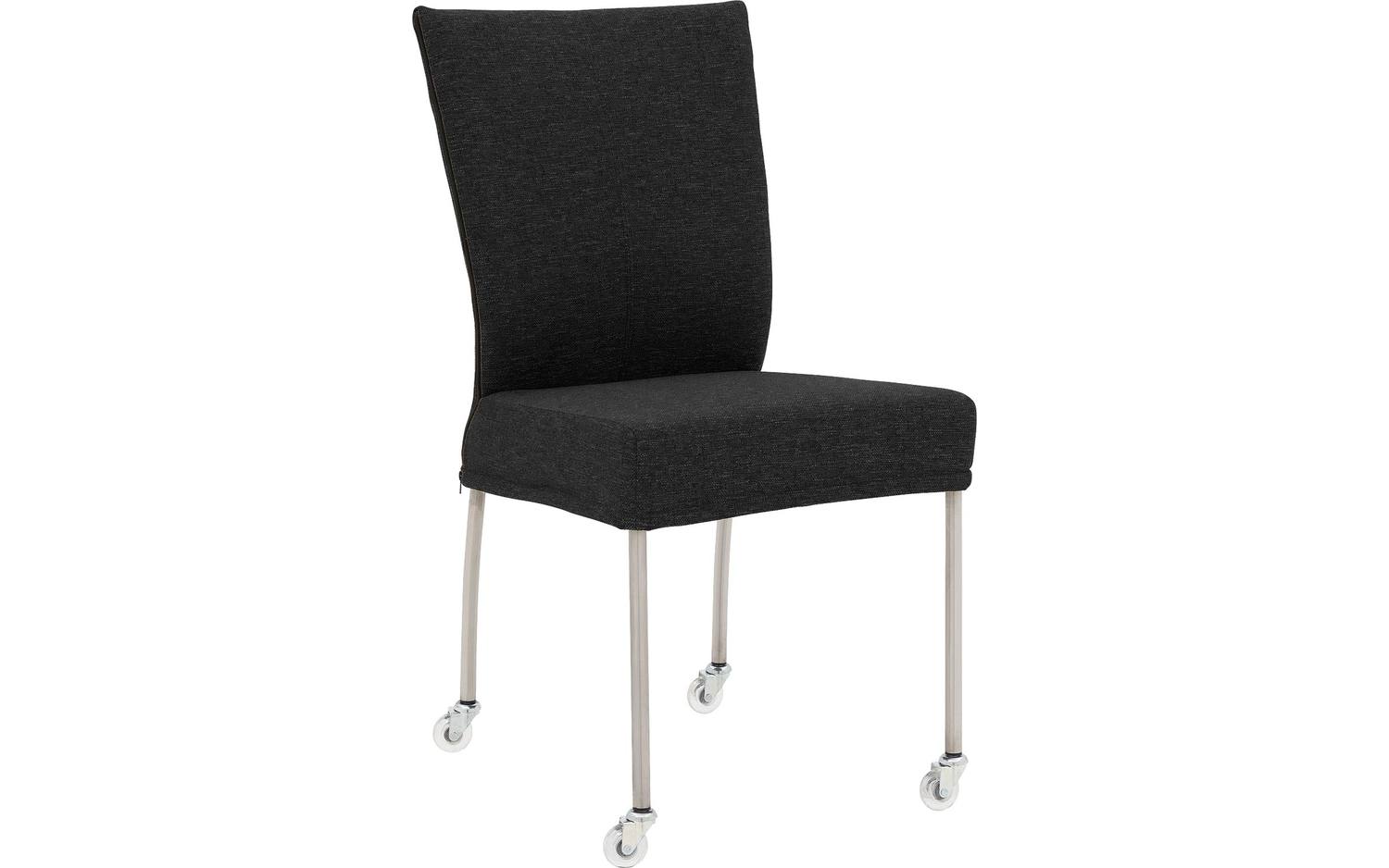Goossens Eetkamerstoel Funk RVS Poten antraciet stof leuning en met wielenTransparant skater wiel met rvs kap, modern design