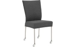 Goossens Eetkamerstoel Funk RVS Poten donkergrijs stof leuning en met wielenTransparant skater wiel met rvs kap, modern design