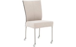 Goossens Eetkamerstoel Funk RVS Poten beige stof leuning en met wielenTransparant skater wiel met rvs kap, modern design