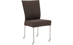 Goossens Eetkamerstoel Funk RVS Poten bruin stof leuning en met wielenTransparant skater wiel met rvs kap, modern design
