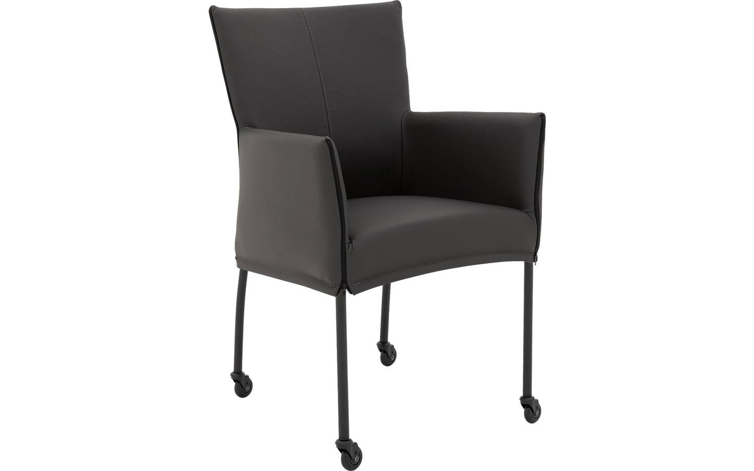 Goossens Eetkamerstoel Funk Zwarte Poten donkergrijs leer met armleuning en met wielenZwart skater wiel met zwarte kap, modern design