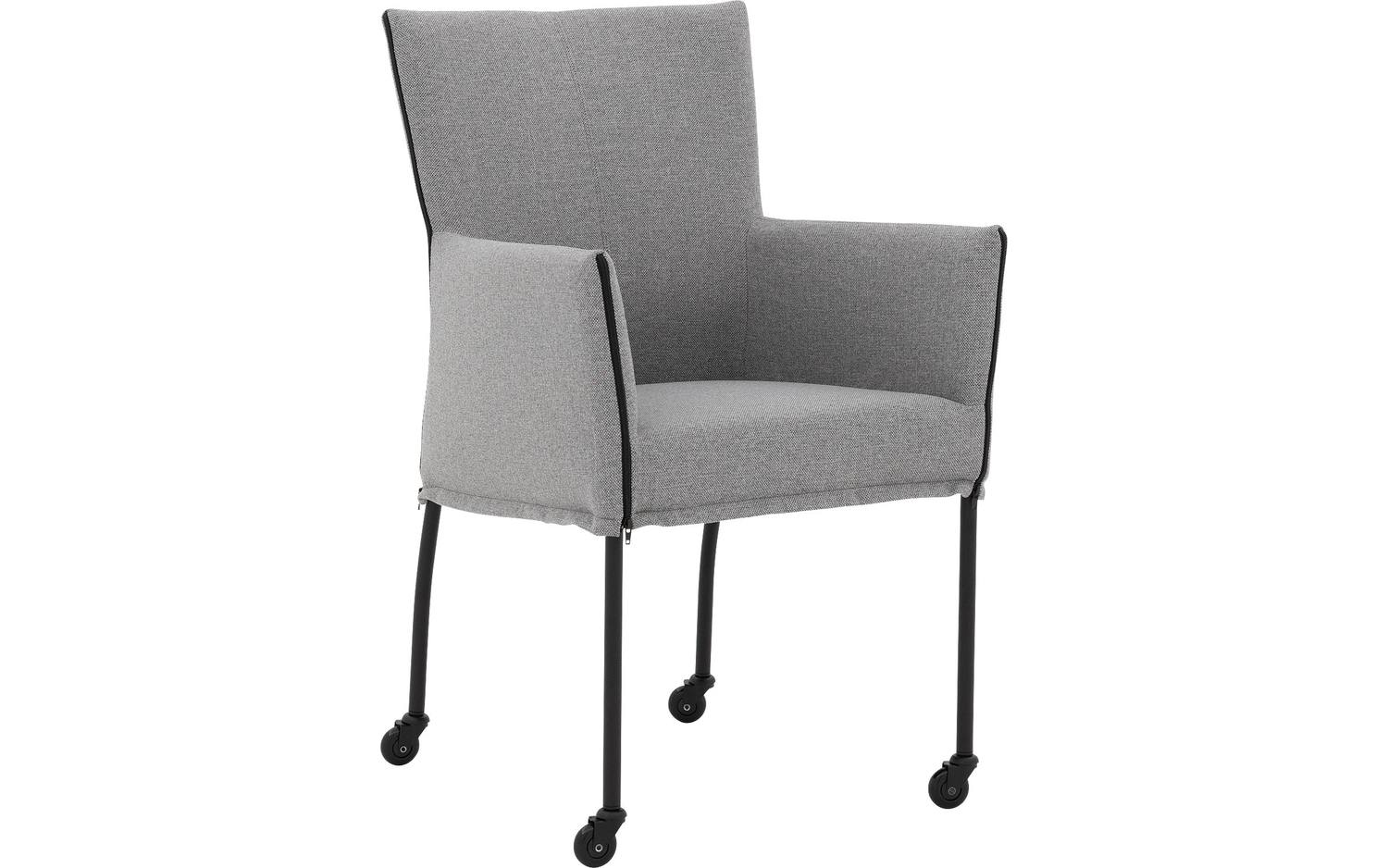 Goossens Eetkamerstoel Funk Zwarte Poten grijs stof met armleuning en met wielenZwart skater wiel met zwarte kap, modern design