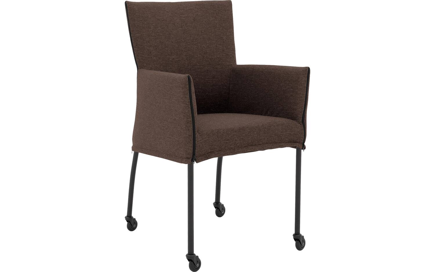Goossens Eetkamerstoel Funk Zwarte Poten bruin stof met armleuning en met wielenZwart skater wiel met zwarte kap, modern design